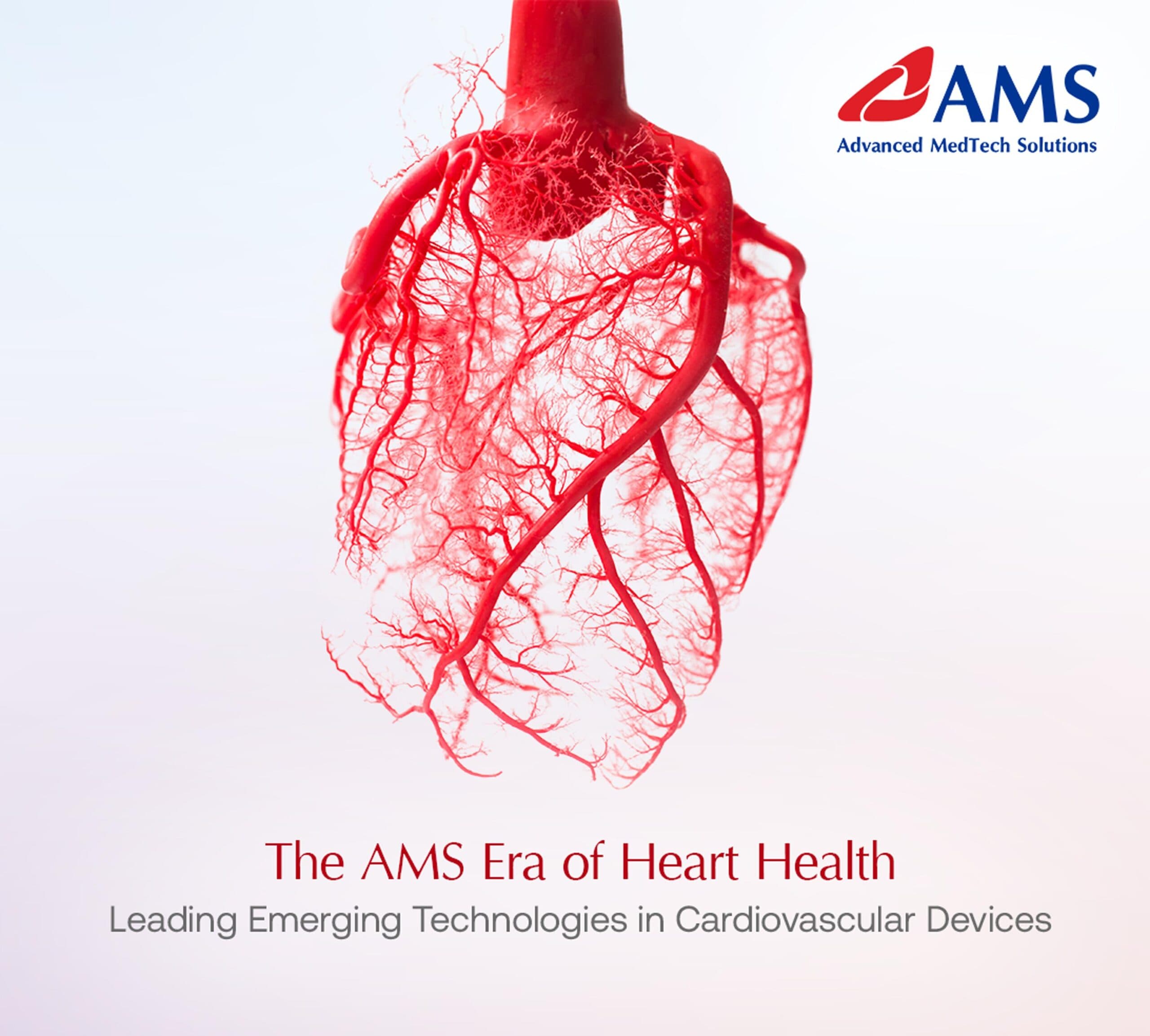 Anatomical 3D model of heart vasculature showing intricate red arteries and veins, featuring the AMS Advanced MedTech Solutions logo and the headline "The AMS Era of Heart Health: Leading Emerging Technologies in Cardiovascular Devices."