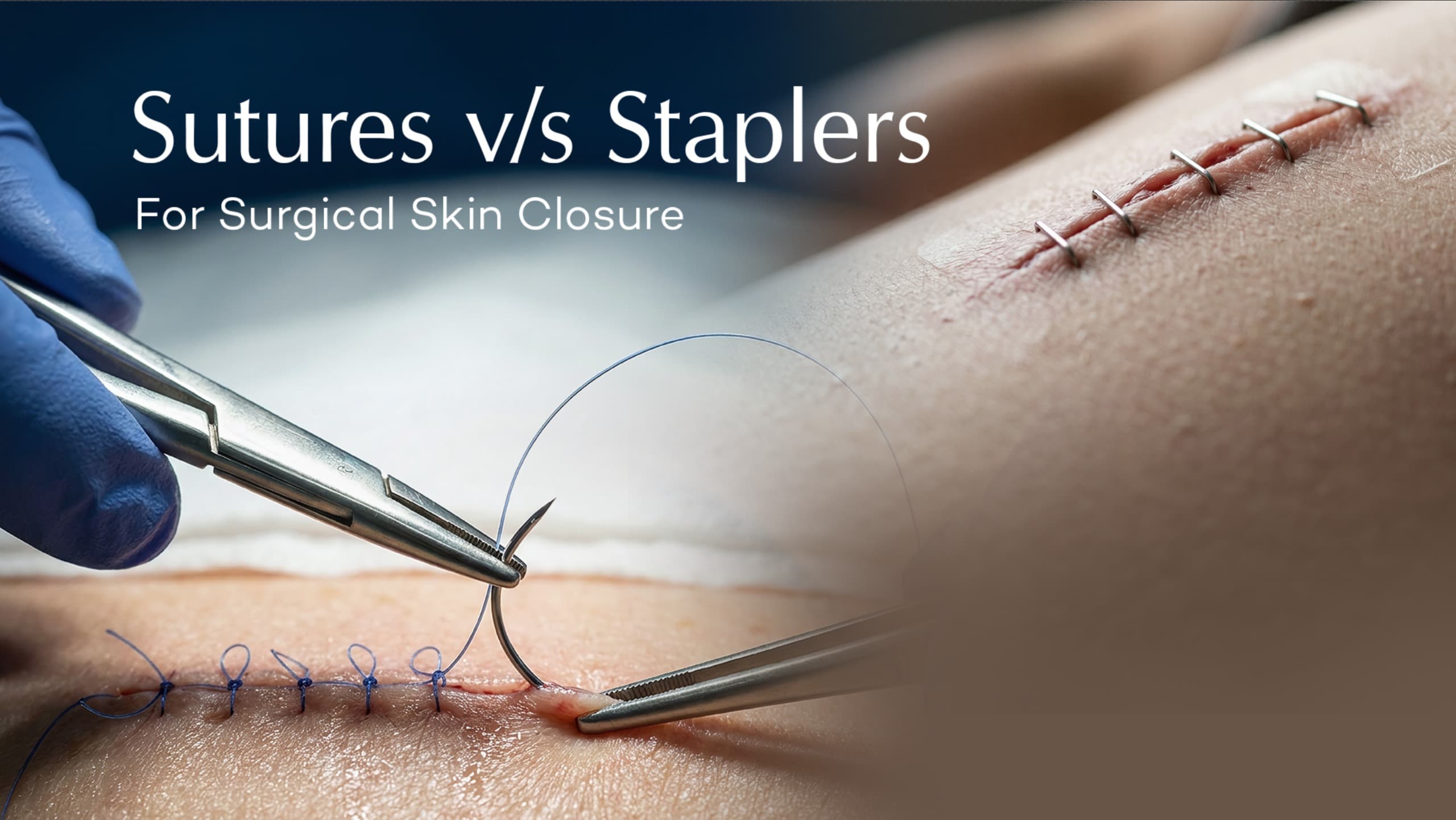 Side-by-side comparison image showing a surgeon applying surgical sutures with a needle driver on the left, and a healing surgical incision closed with metallic staples on the right
